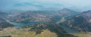 Aerial view of Begnas and Rupa lakes near Pokhara in Nepal
