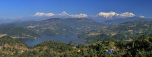 Landscape near Pokhara, Nepal. High mountains of the Annapurna range. Lake Begnas Tal. 7-lake city