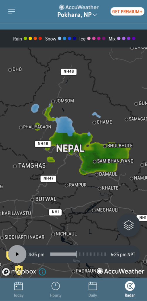Radar screen from AccuWeather apps - Trekking in Nepal